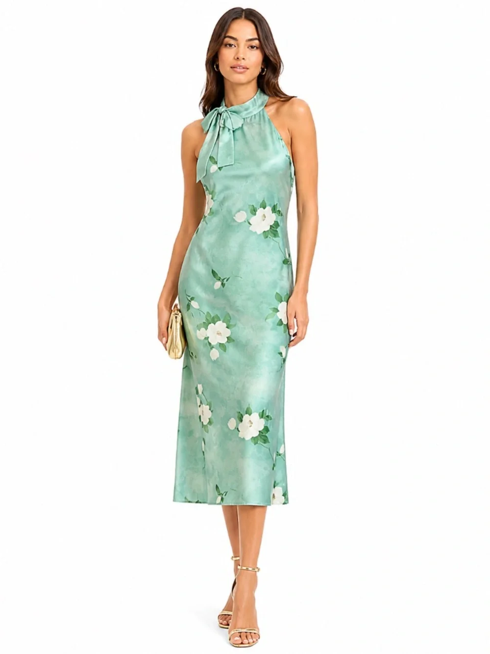 Tie-Neck Floral Midi Dress in Mint Green - Picture 1 of 16